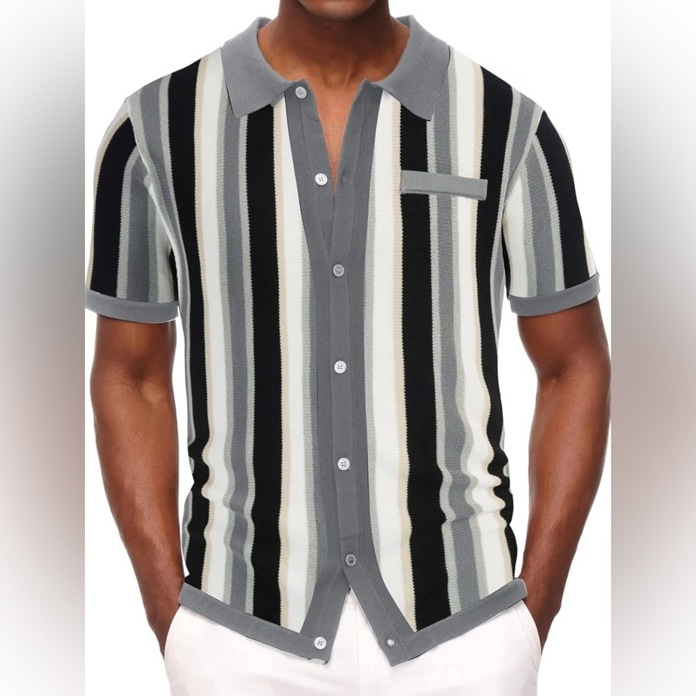PJ Paul Jones Men's Short Sleeve Knit Shirt Vintage Stripe Button Down Polo Sz L